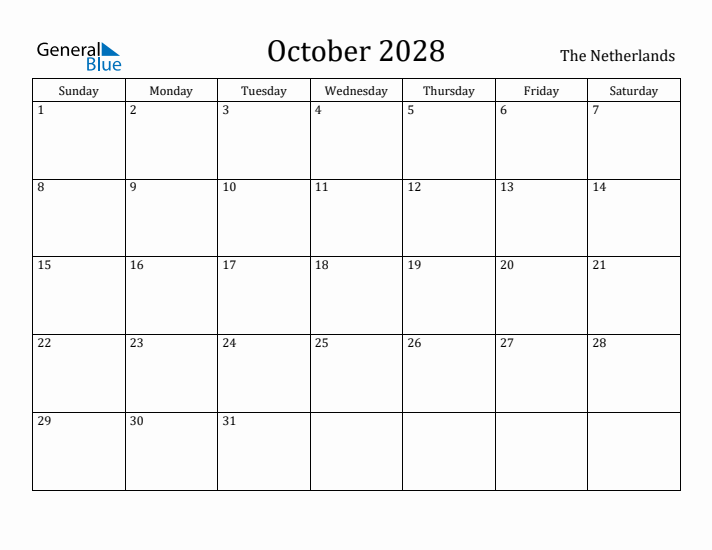 October 2028 Calendar The Netherlands