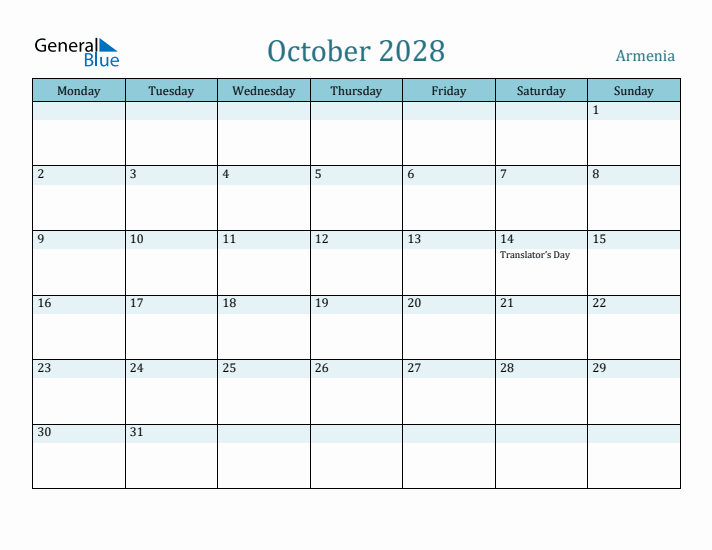 October 2028 Calendar with Holidays