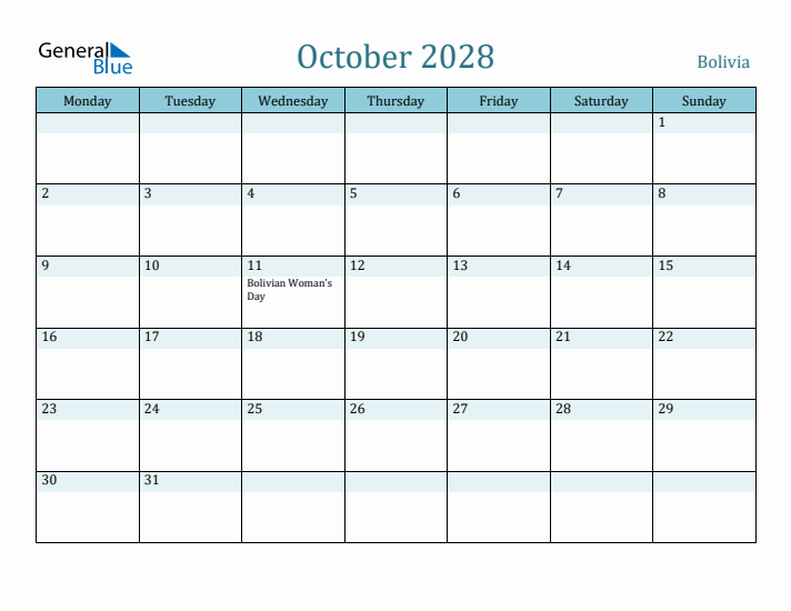 October 2028 Calendar with Holidays