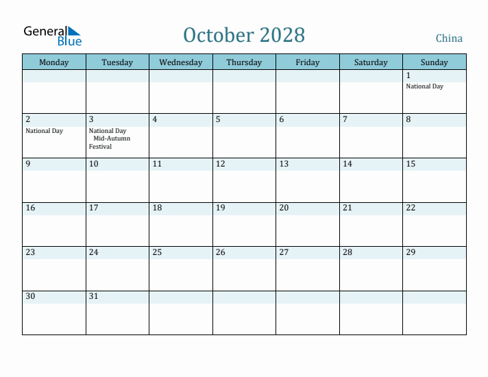 October 2028 Calendar with Holidays