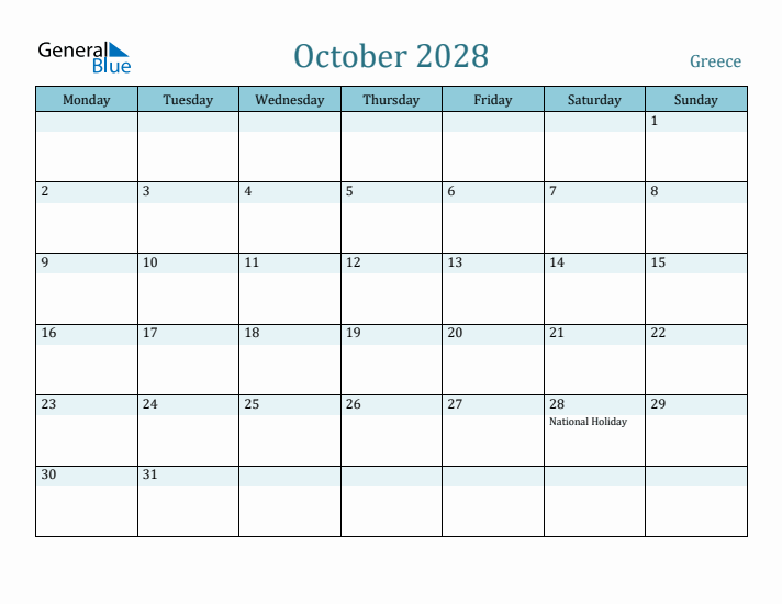 October 2028 Calendar with Holidays