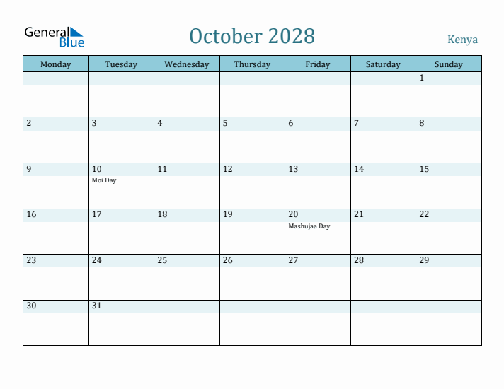 October 2028 Calendar with Holidays