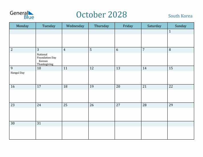 October 2028 Calendar with Holidays