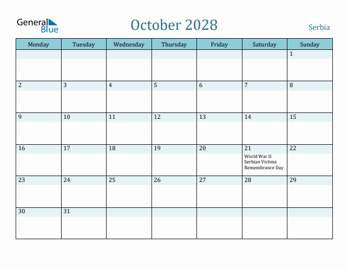 October 2028 Calendar with Holidays