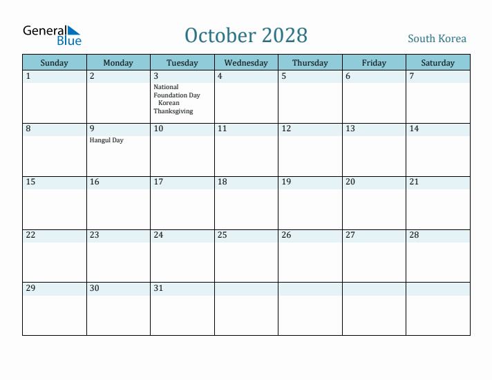 October 2028 Calendar with Holidays