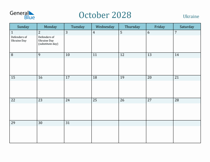 October 2028 Calendar with Holidays