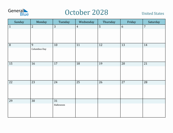 October 2028 Calendar with Holidays