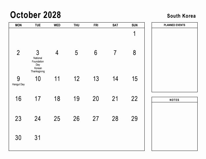 October 2028 Printable Monthly Calendar with South Korea Holidays