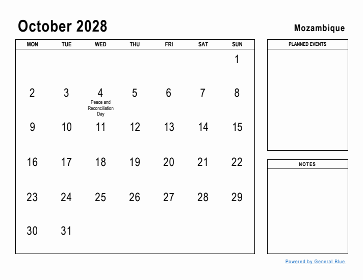 October 2028 Printable Monthly Calendar with Mozambique Holidays