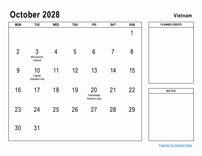 October 2028 Printable Monthly Calendar with Vietnam Holidays