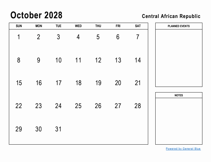 October 2028 Printable Monthly Calendar with Central African Republic Holidays