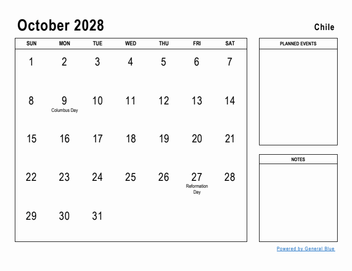 October 2028 Printable Monthly Calendar with Chile Holidays