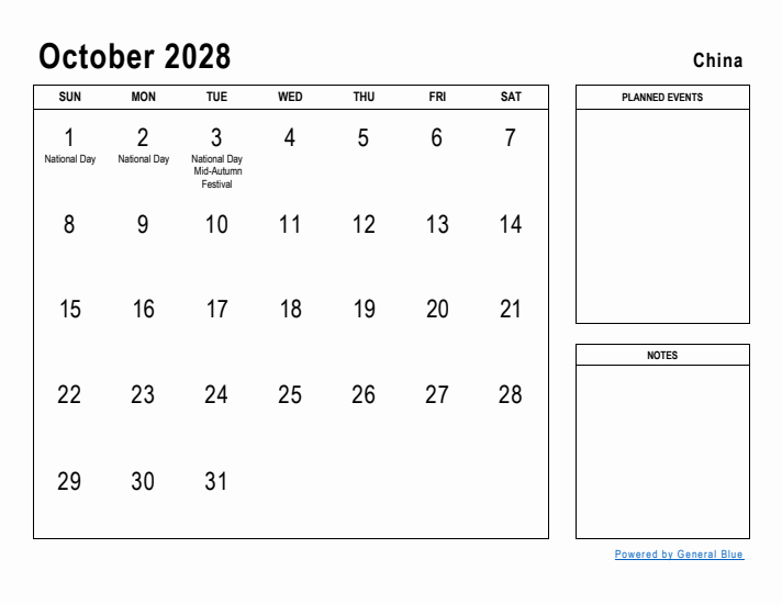 October 2028 Printable Monthly Calendar with China Holidays