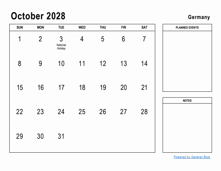 October 2028 Printable Monthly Calendar with Germany Holidays