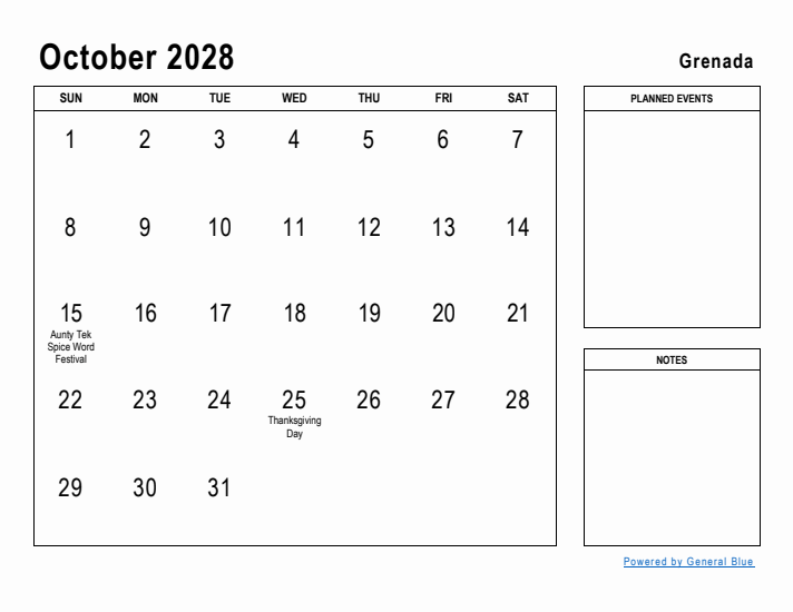 October 2028 Printable Monthly Calendar with Grenada Holidays