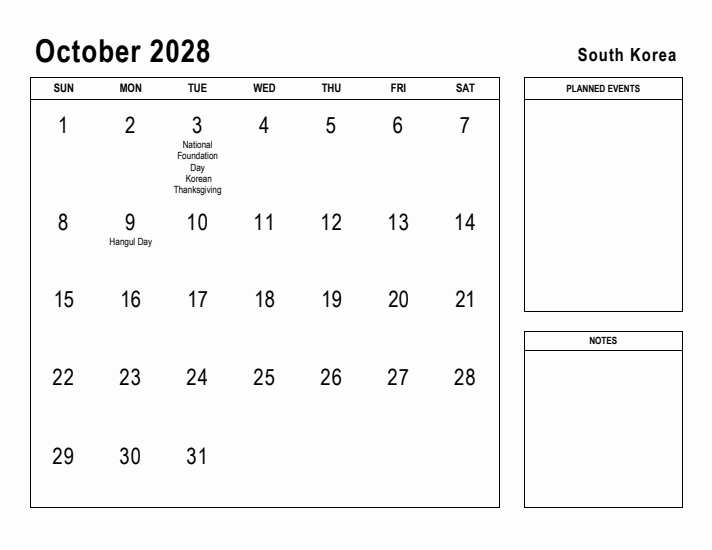 October 2028 Printable Monthly Calendar with South Korea Holidays