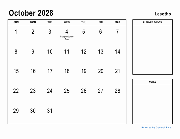 October 2028 Printable Monthly Calendar with Lesotho Holidays