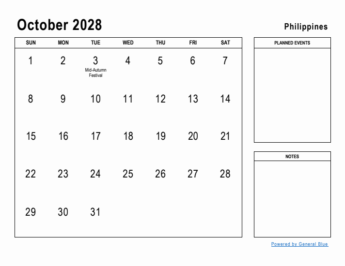 October 2028 Printable Monthly Calendar with Philippines Holidays