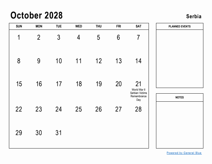 October 2028 Printable Monthly Calendar with Serbia Holidays