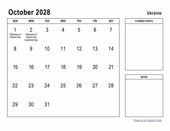 October 2028 Printable Monthly Calendar with Ukraine Holidays