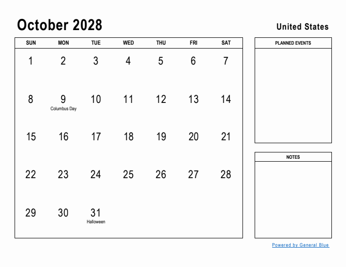 October 2028 Printable Monthly Calendar with United States Holidays