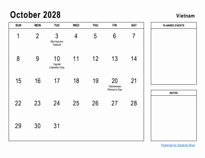 October 2028 Printable Monthly Calendar with Vietnam Holidays