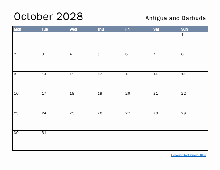 October 2028 Simple Monthly Calendar for Antigua and Barbuda