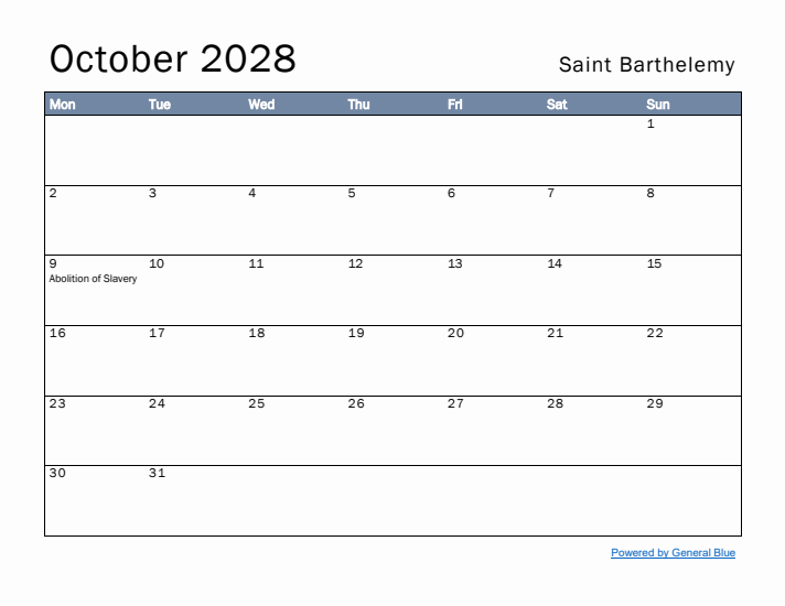 October 2028 Simple Monthly Calendar for Saint Barthelemy