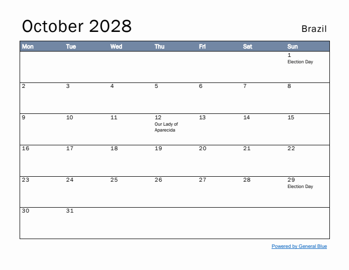 October 2028 Simple Monthly Calendar for Brazil