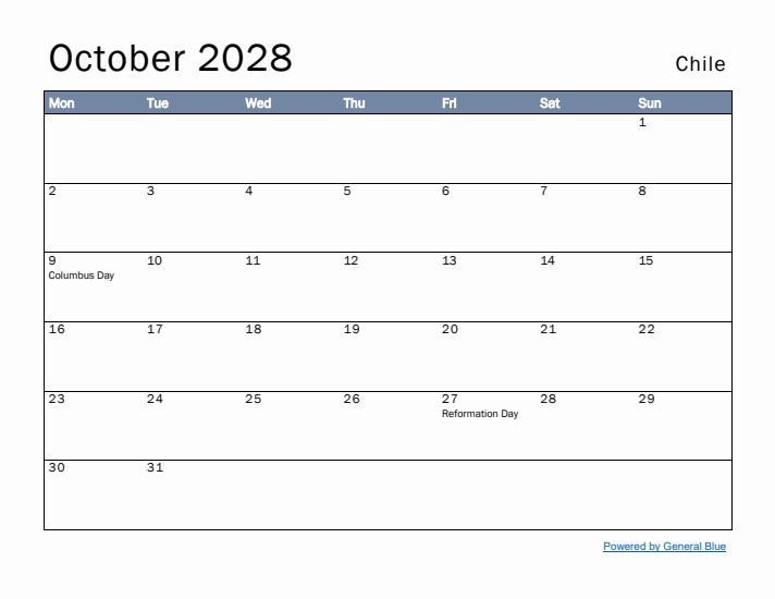 October 2028 Simple Monthly Calendar for Chile