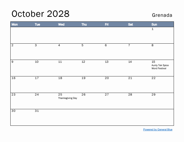 October 2028 Simple Monthly Calendar for Grenada