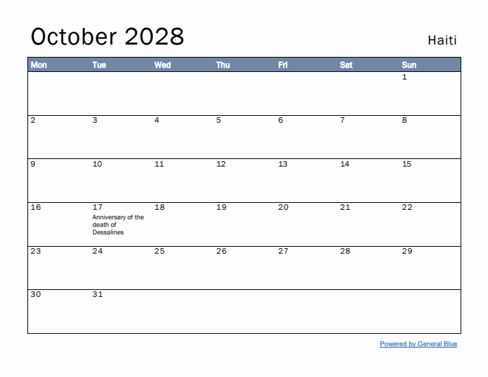 October 2028 Simple Monthly Calendar for Haiti