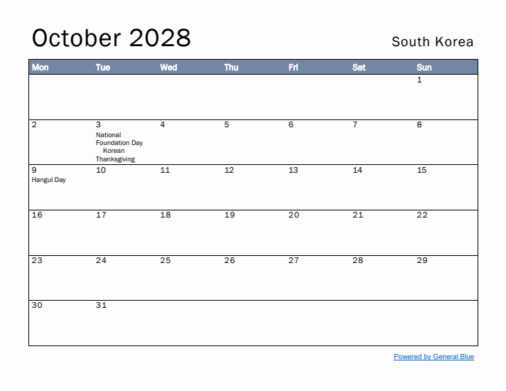 October 2028 Simple Monthly Calendar for South Korea