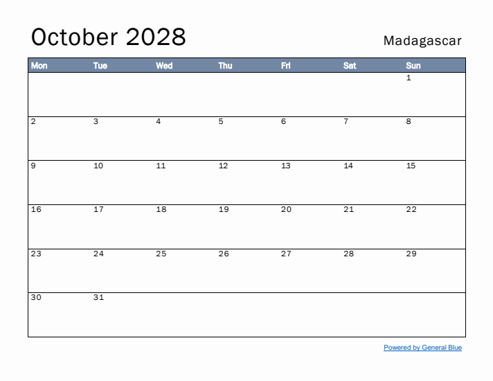 October 2028 Simple Monthly Calendar for Madagascar