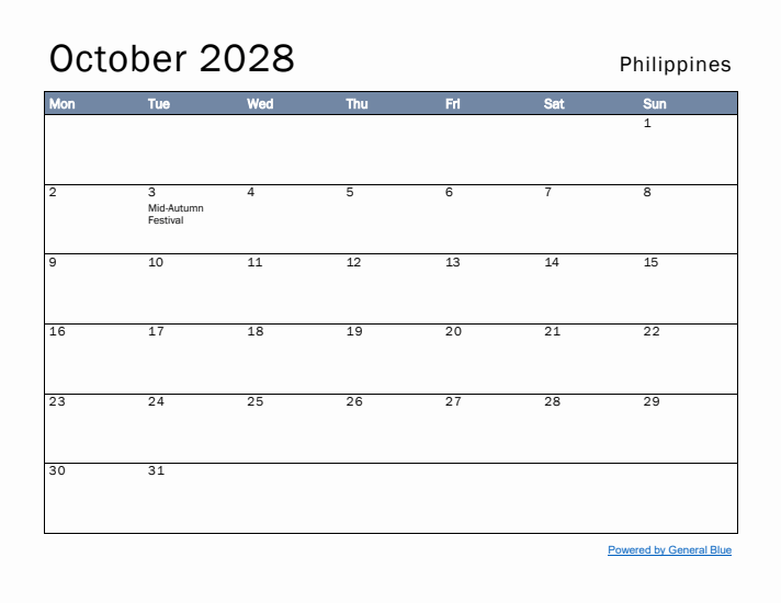 October 2028 Simple Monthly Calendar for Philippines