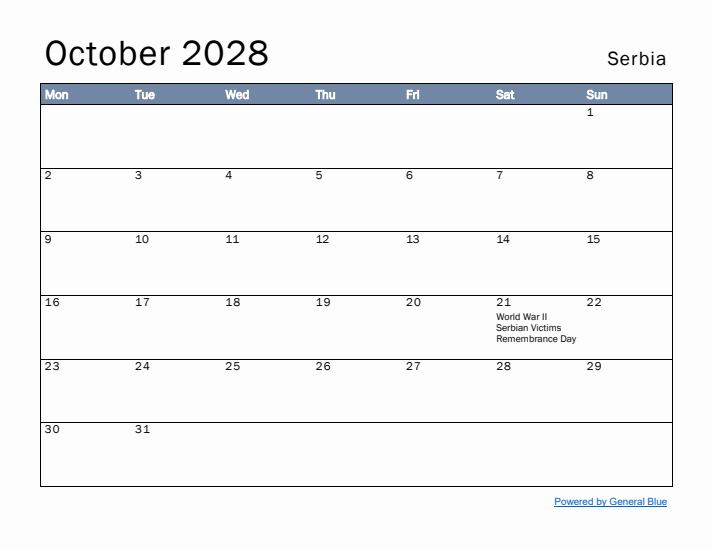 October 2028 Simple Monthly Calendar for Serbia