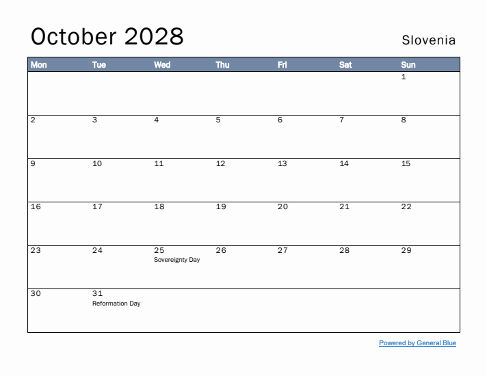 October 2028 Simple Monthly Calendar for Slovenia