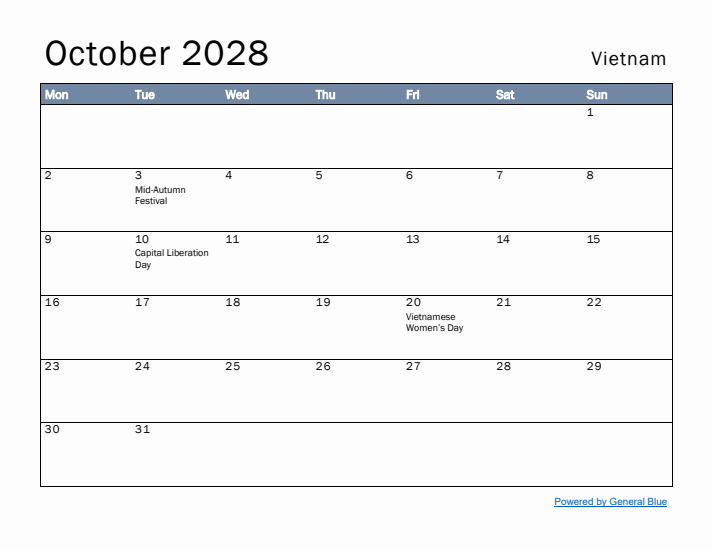 October 2028 Simple Monthly Calendar for Vietnam