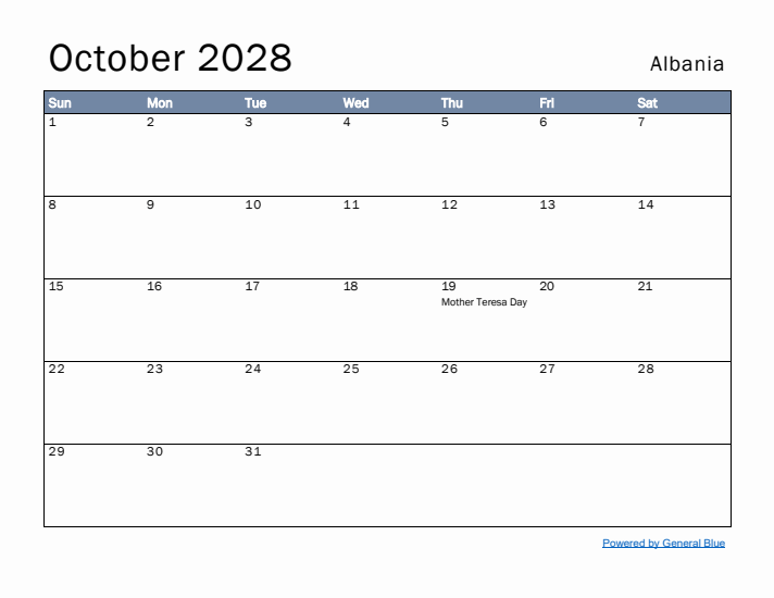 October 2028 Simple Monthly Calendar for Albania