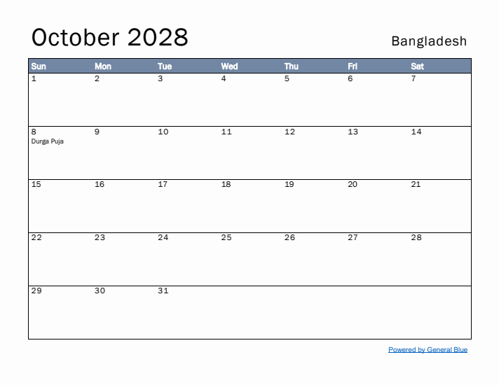 October 2028 Simple Monthly Calendar for Bangladesh