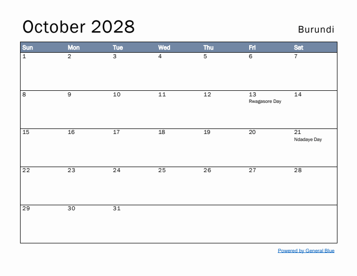 October 2028 Simple Monthly Calendar for Burundi