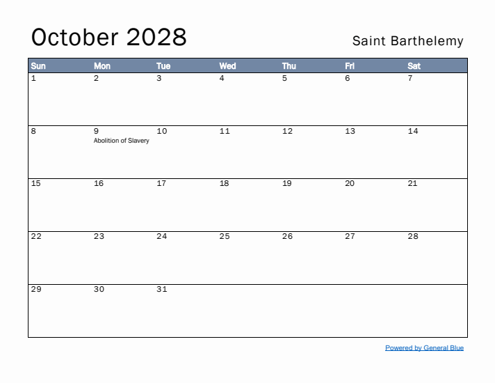 October 2028 Simple Monthly Calendar for Saint Barthelemy