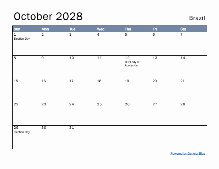 October 2028 Simple Monthly Calendar for Brazil