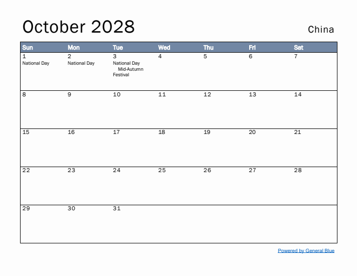 October 2028 Simple Monthly Calendar for China