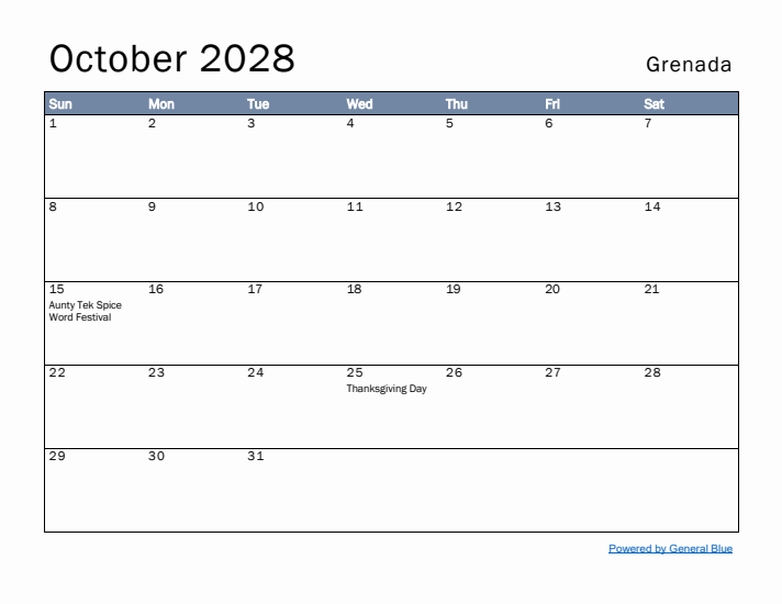 October 2028 Simple Monthly Calendar for Grenada