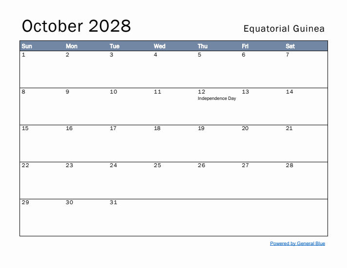 October 2028 Simple Monthly Calendar for Equatorial Guinea