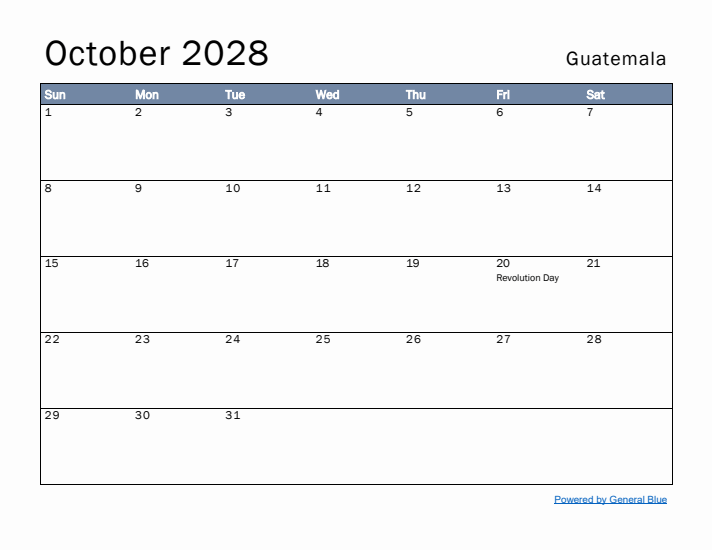 October 2028 Simple Monthly Calendar for Guatemala