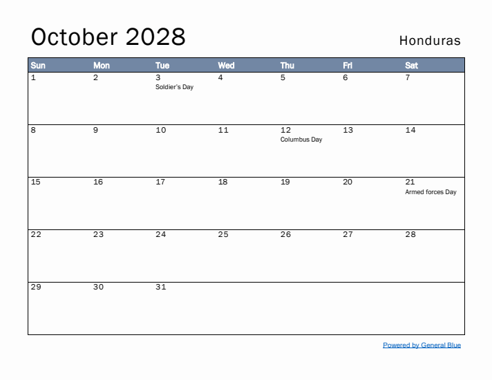 October 2028 Simple Monthly Calendar for Honduras