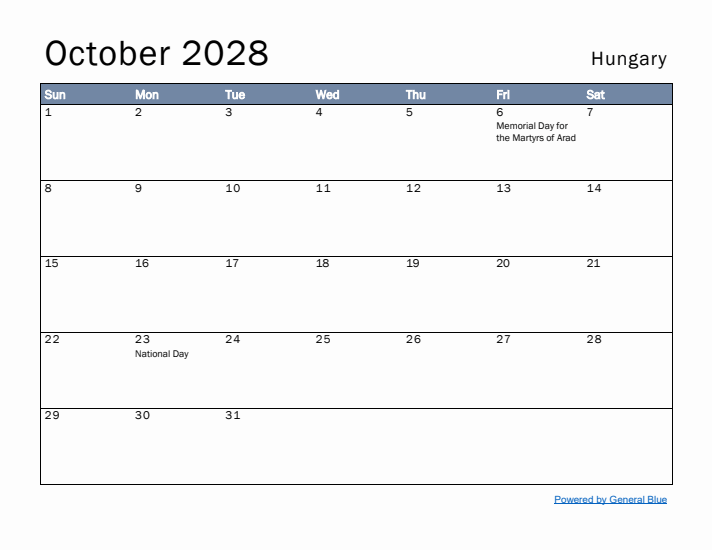 October 2028 Simple Monthly Calendar for Hungary