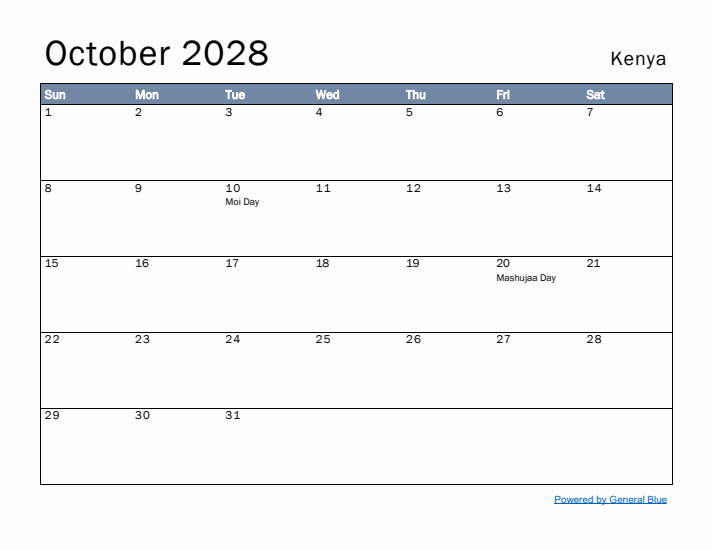 October 2028 Simple Monthly Calendar for Kenya